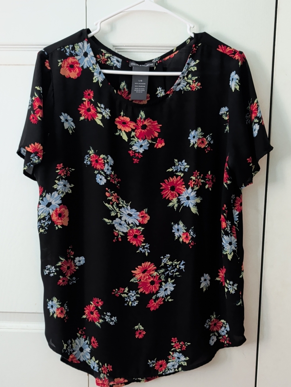 Floral Short-Sleeve Blouse - Black with Red & Blue Flowers
